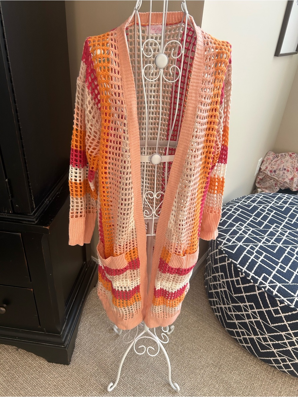 Pink Lilly Peach Open-Weave Striped Cardigan Sweater